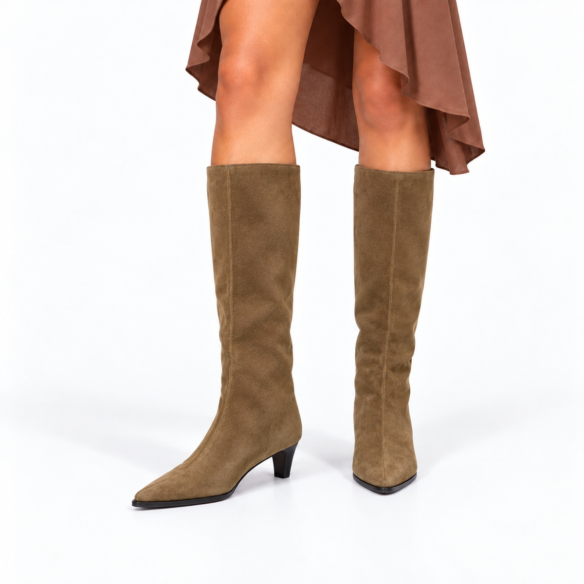 Women's pointed toe knee-high boots with low kitten heels in black and brown