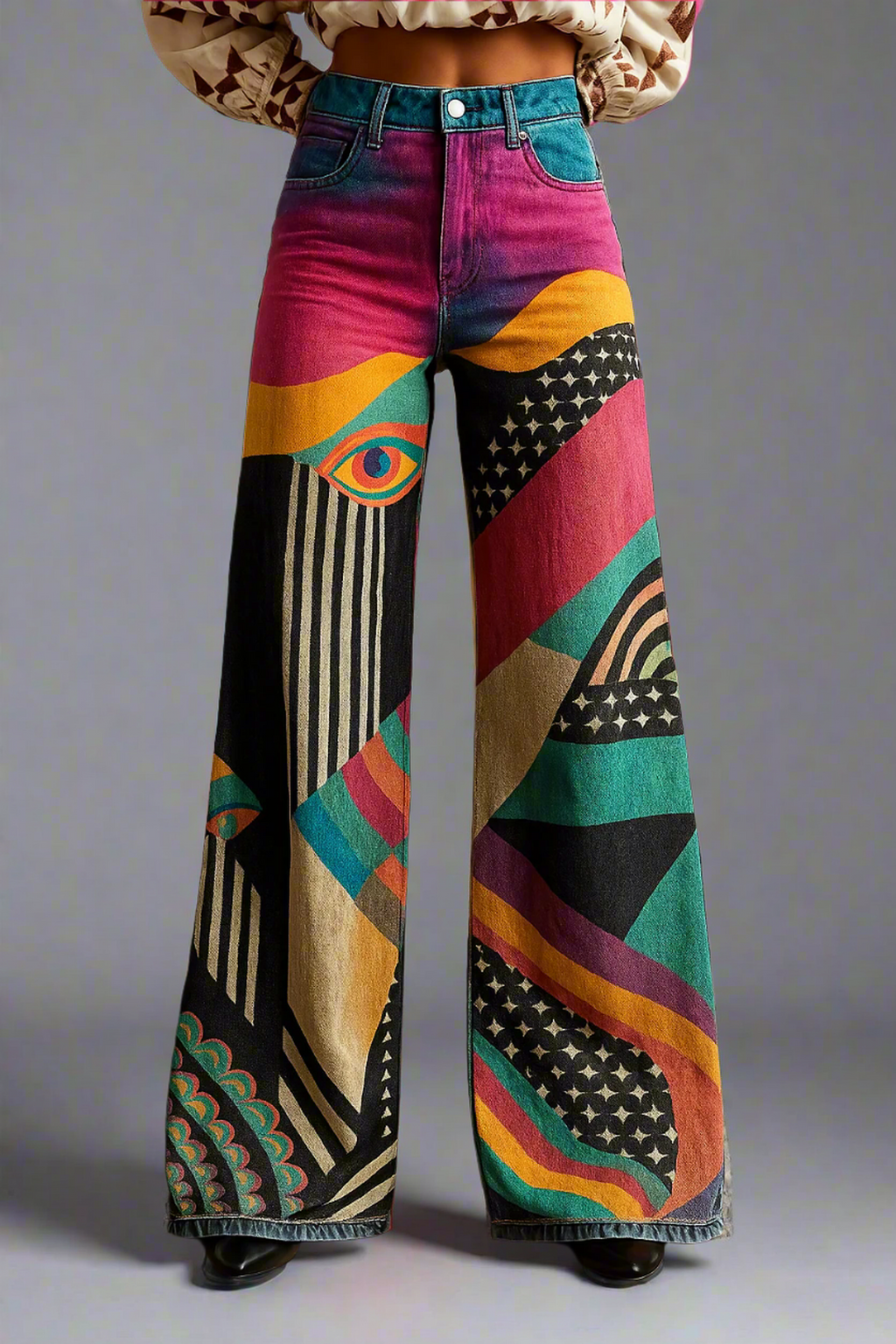 Abstract Art Print High-Waisted Wide-Leg Denim Jeans