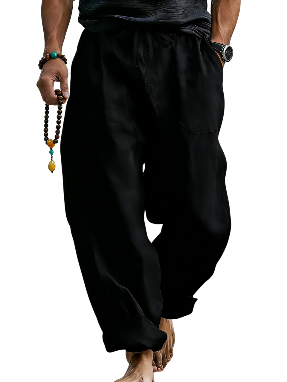 Loose Linen Blend Drawstring Trousers with Turn-Up Hem