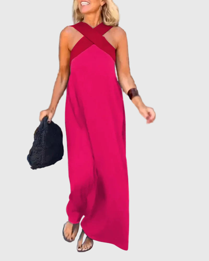 Criss Cross Halter Neck Contrast Maxi Dress