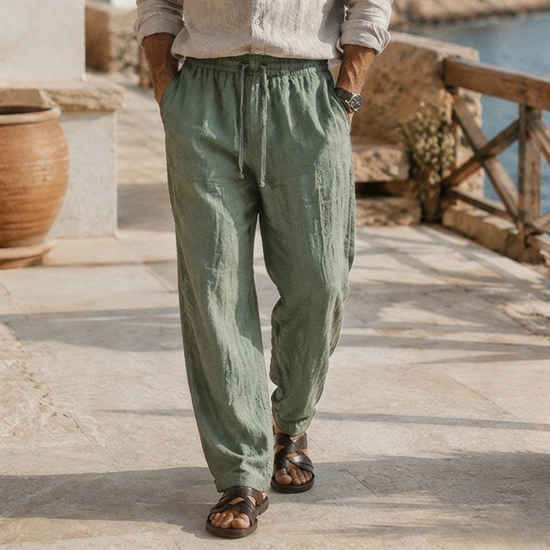 Loose Fit Lightweight Linen Beach Trousers with Drawstring Waist