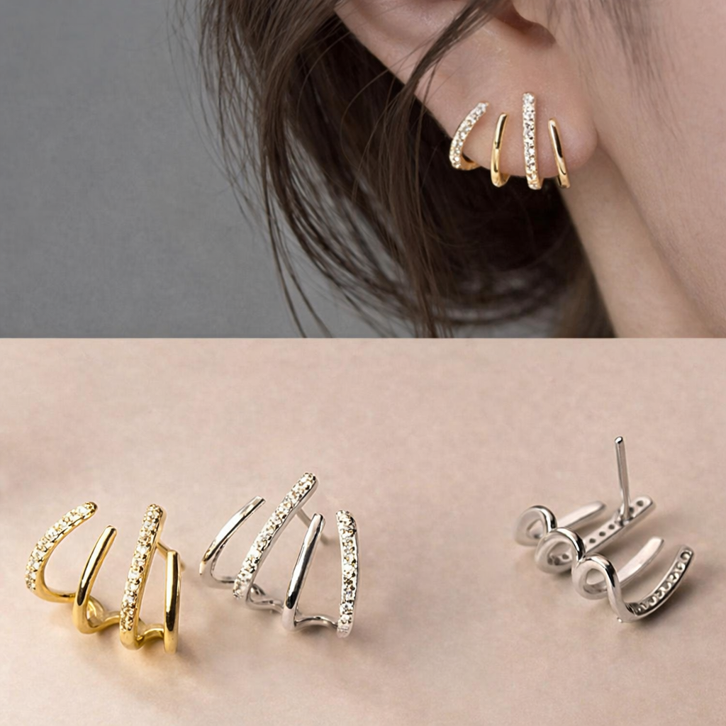 Triple Hoop Crystal Pave Ear Cuff Earrings