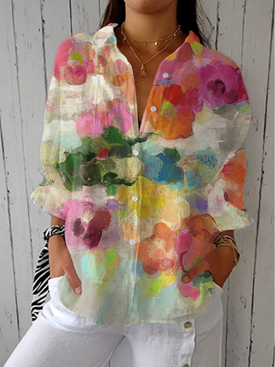 Watercolor Floral Print Long Sleeve Button-Up Shirt