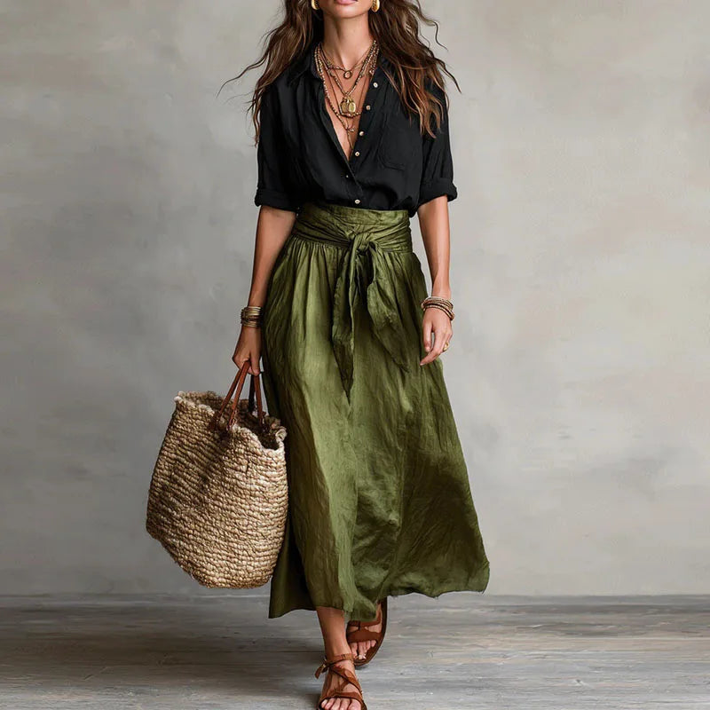 Collared Shirt and Tie Waist Maxi Skirt Set