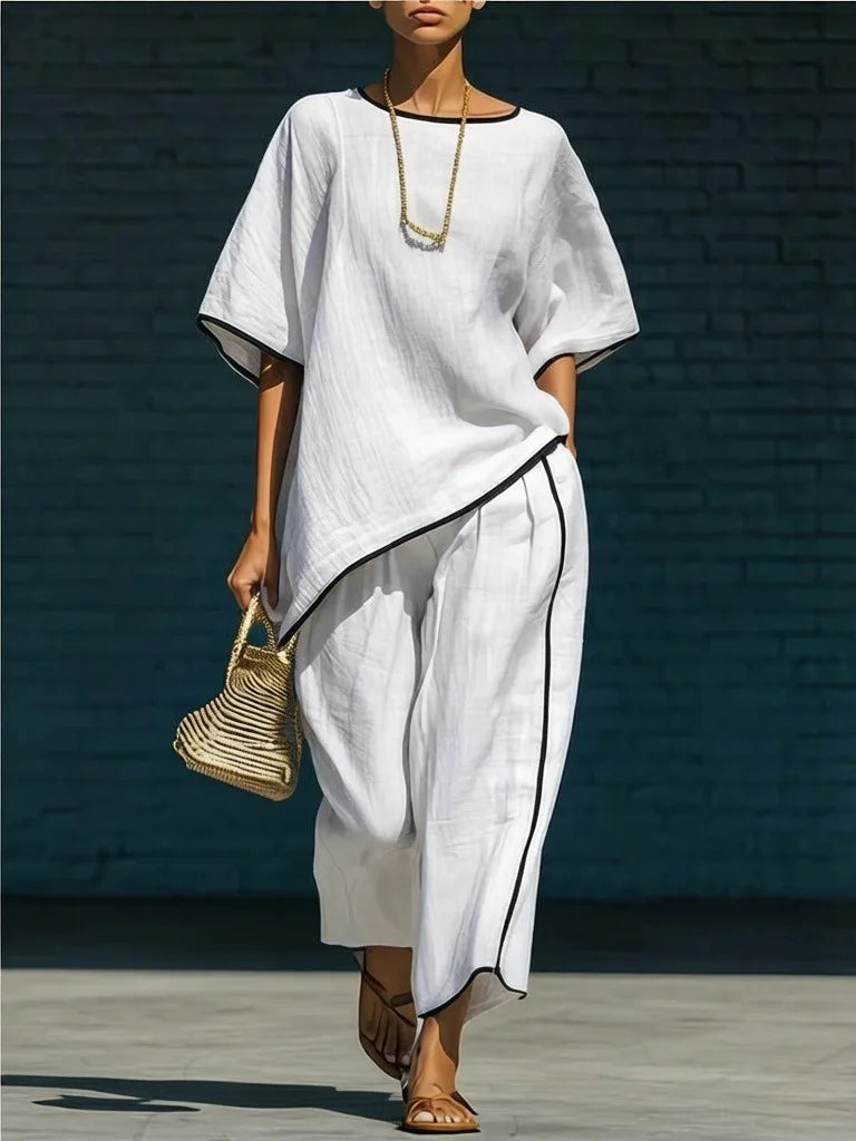 Contrast Piping Oversized Top and Wide Leg Pants Set