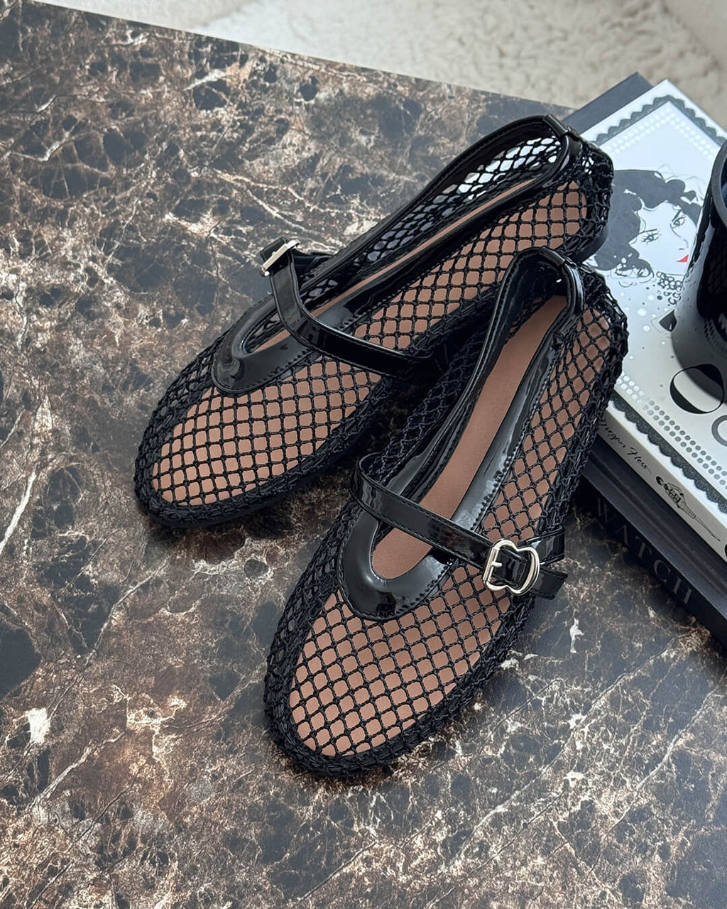 Mesh Mary Jane Flats with Buckle Strap Detail