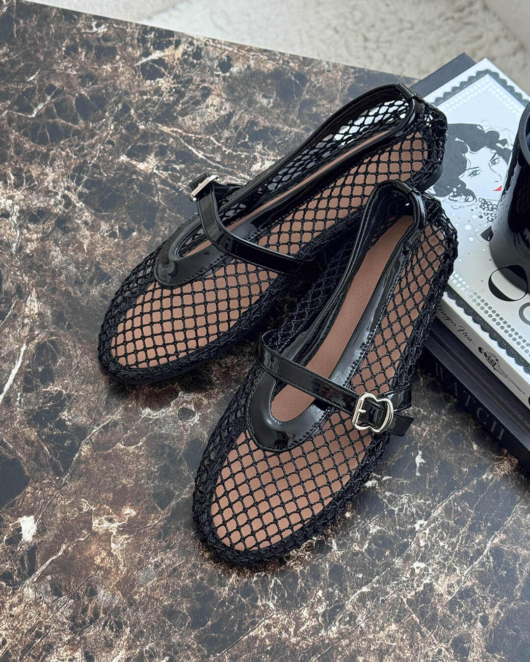 Mesh Mary Jane Flats with Buckle Strap Detail