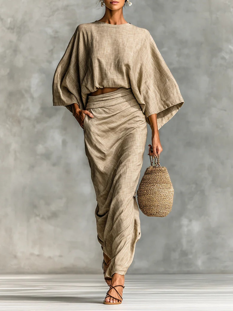 Batwing Sleeve Crop Top &amp; Wrap Maxi Skirt Set