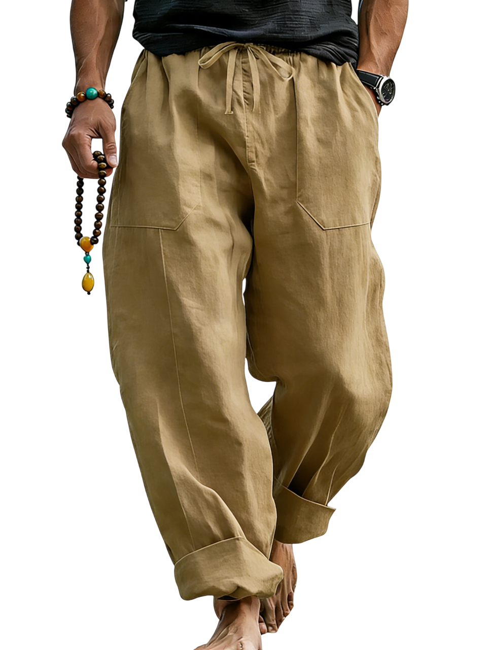 Loose Linen Blend Drawstring Trousers with Turn-Up Hem