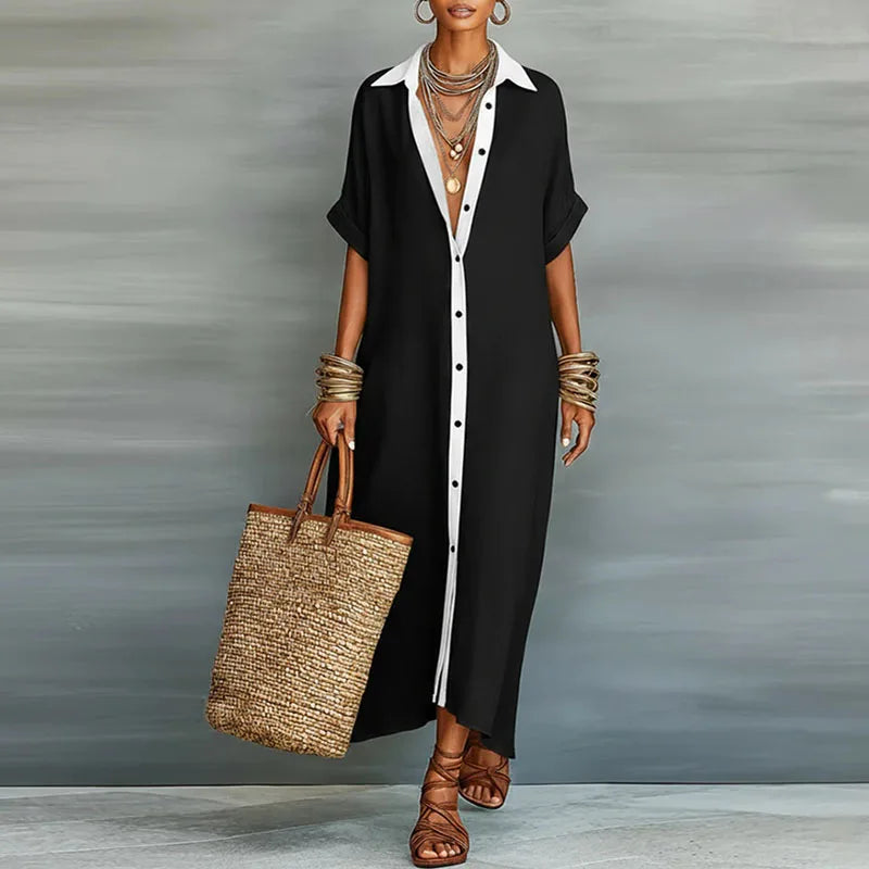 Linen Blend Collared Button-Front Maxi Shirt Dress