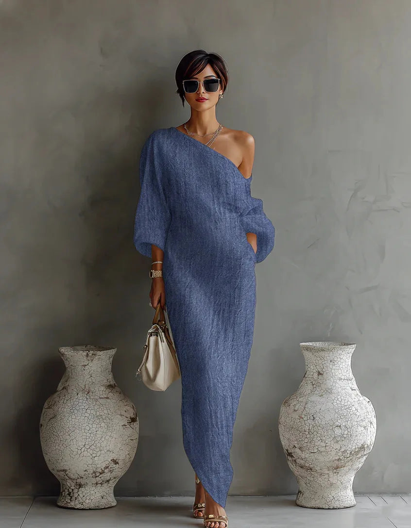 Asymmetric One-Shoulder Linen Blend Maxi Dress