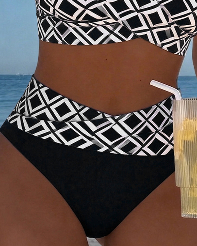 Ensemble bikini pour femme à imprimé géométrique, col en V et taille haute