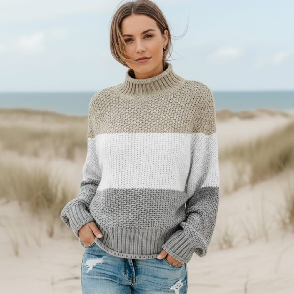 Women's Colour Block Textured Knit Mock Neck Jumper