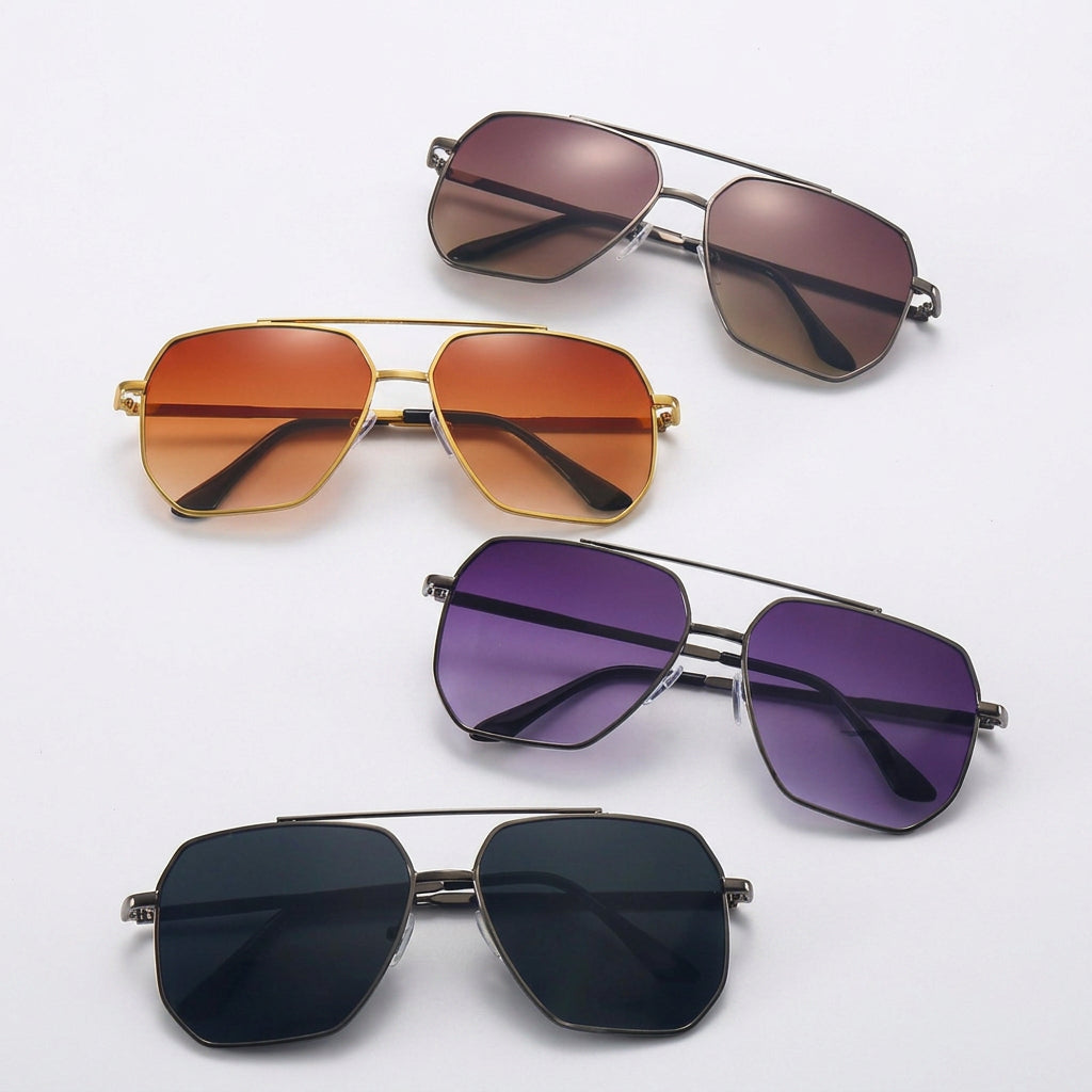 Geometric Aviator Sunglasses with Metal Double Bridge