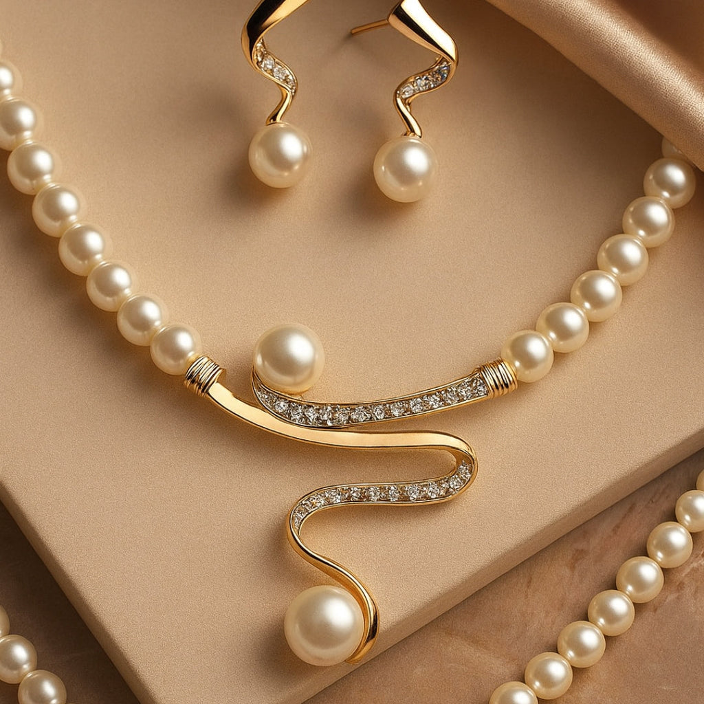 Pearl Beaded Sculptural Pendant Necklace &amp; Earring Set