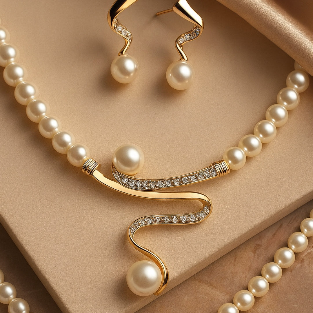 Pearl Beaded Sculptural Pendant Necklace &amp; Earring Set