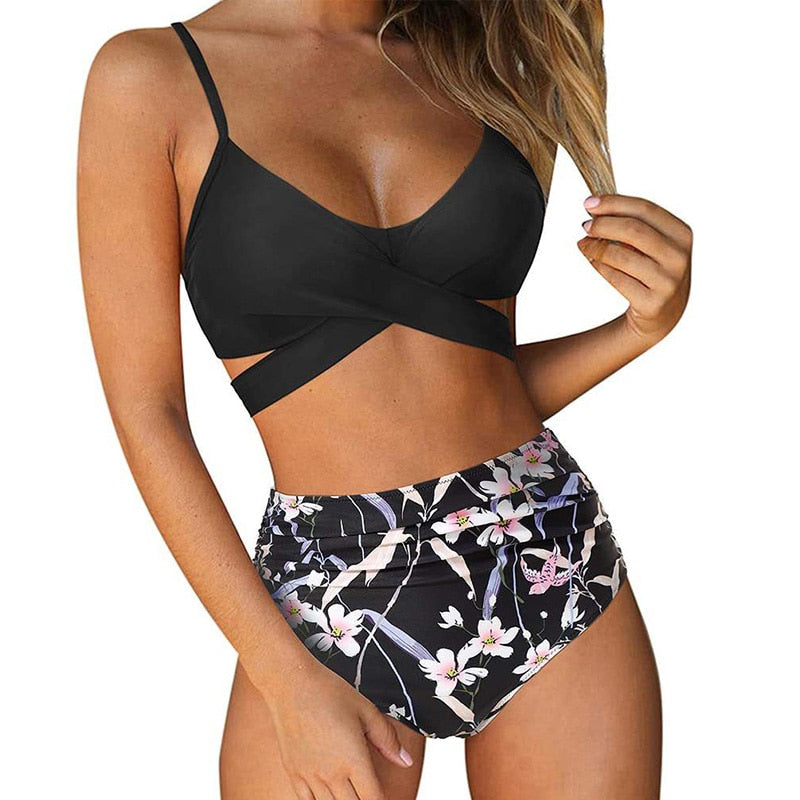 Floral Print Twist Front High-Waisted Bikini Set