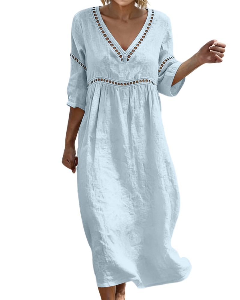 Linen Midi Dress with Hollow Out Trim and Flared Sleeves