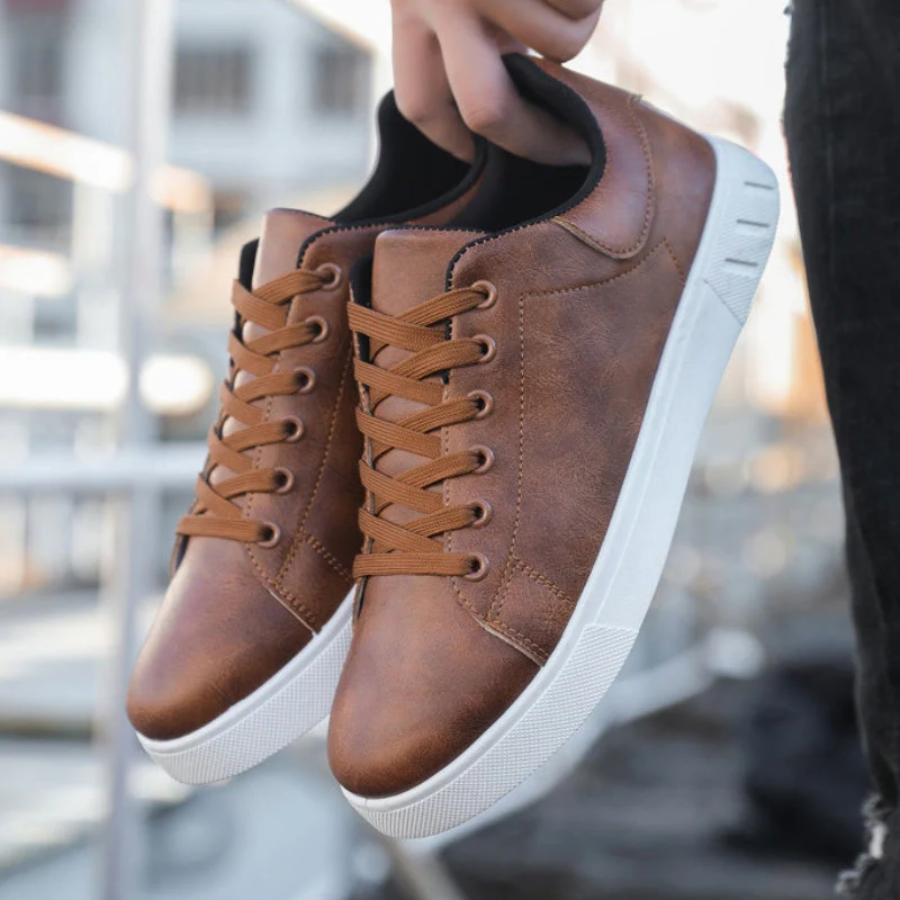 Leather Look Low Top Sneakers with White Sole