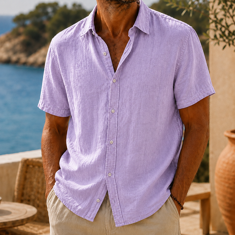 Short Sleeve Cotton Linen Shirt with Classic Collar