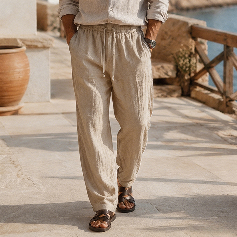Loose Fit Lightweight Linen Beach Trousers with Drawstring Waist