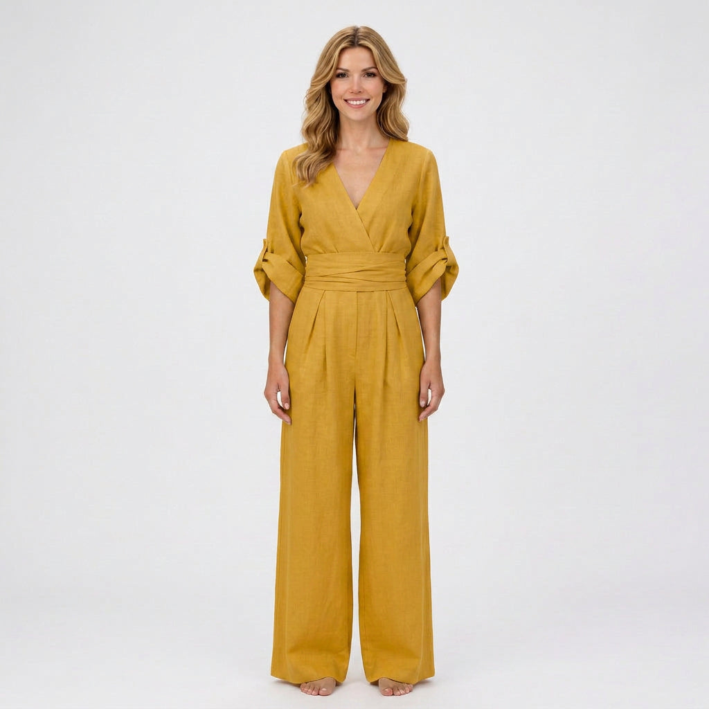 Jumpsuit – Wrap Front Wide Leg Belted Style