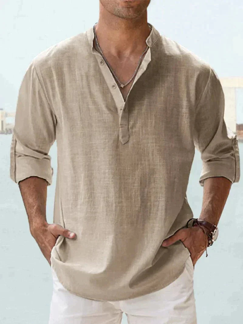 Linen Blend Long Sleeve Popover Shirt with Open Collar