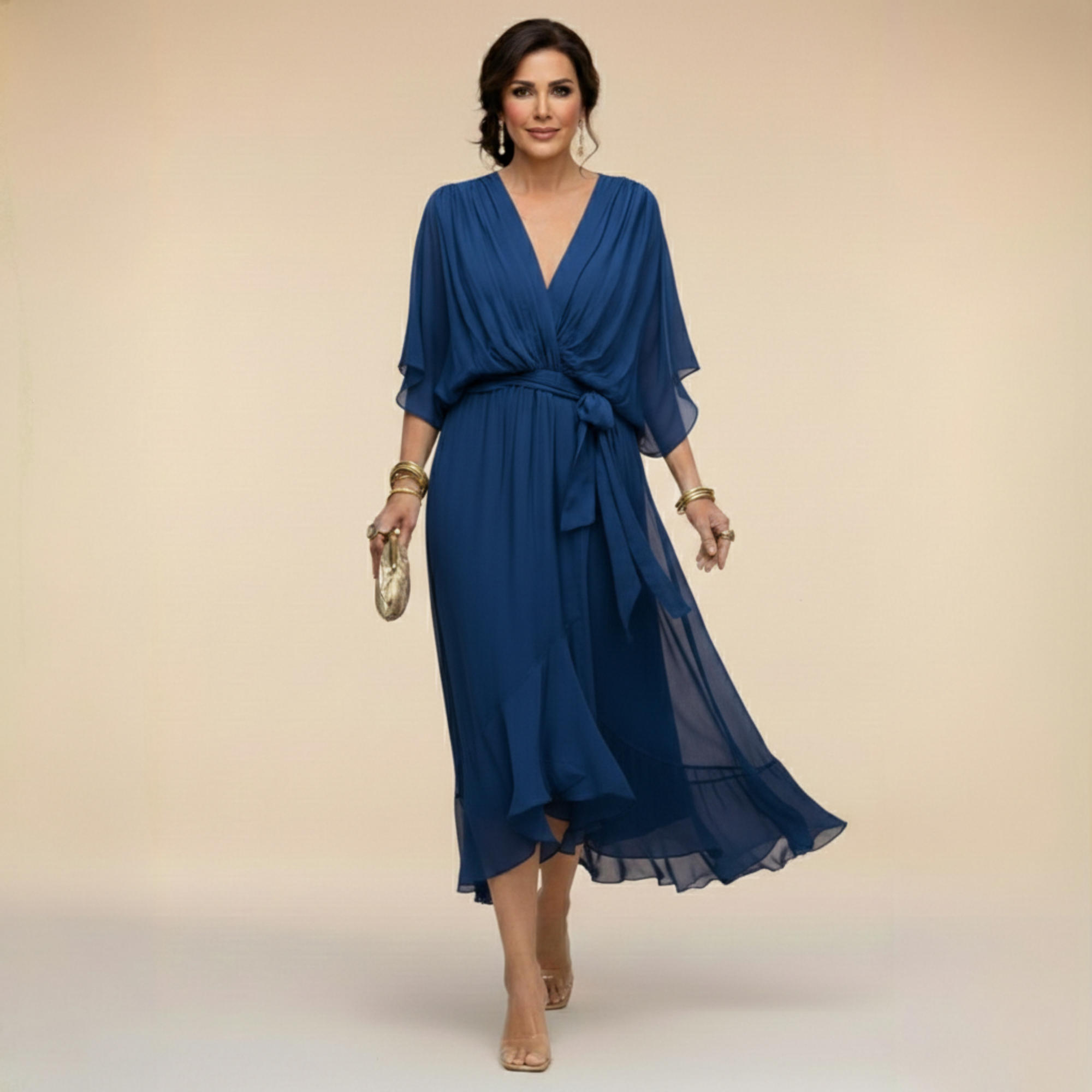 Robe midi portefeuille en mousseline à manches kimono