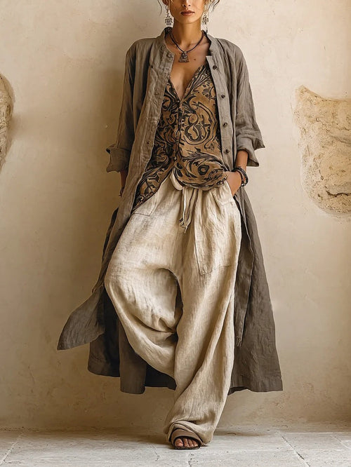 Long Line Button-Front Linen Duster Coat