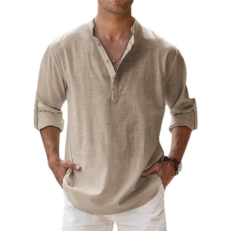 Long Sleeve Linen Henley Shirt with Band Collar