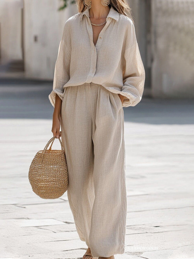 Ensemble chemise à manches longues boutonnée sur le devant et pantalon à jambes larges