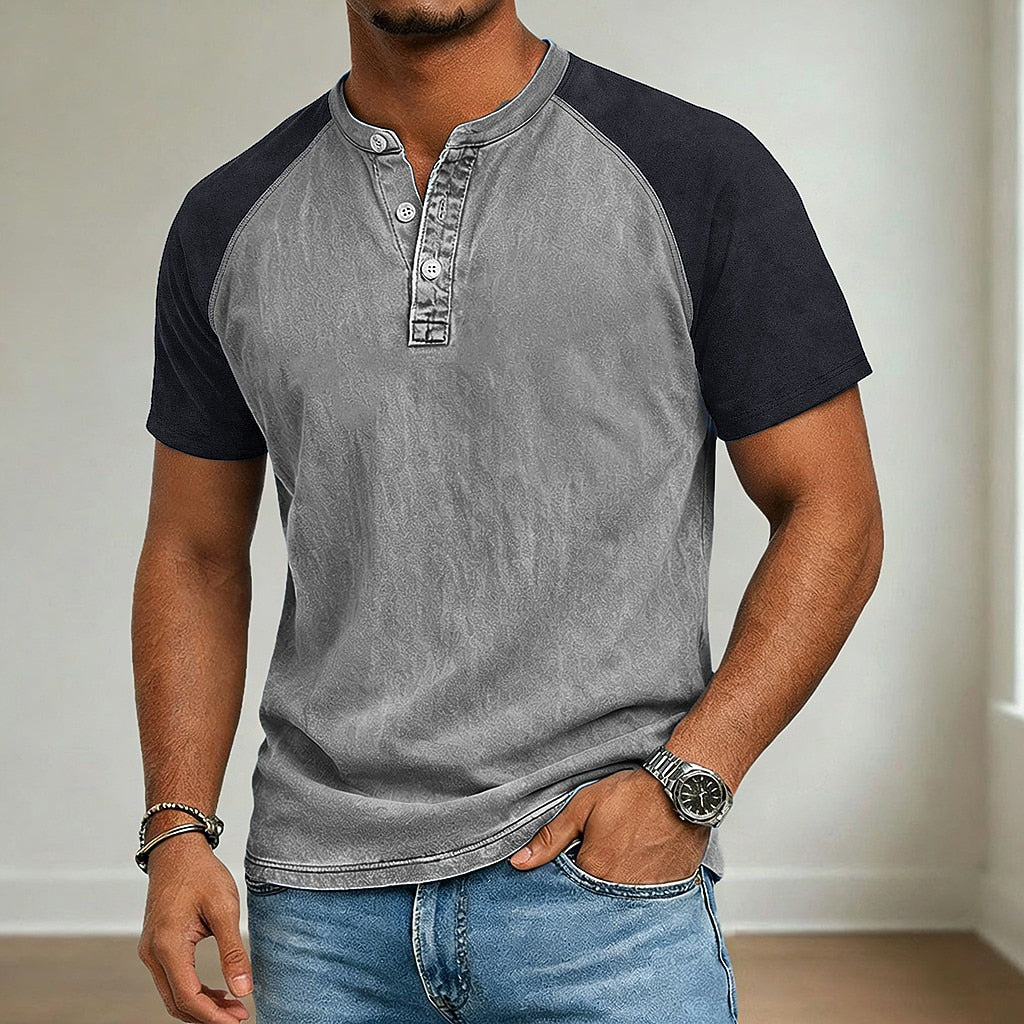 Colour Block Raglan Sleeve Henley T-Shirt