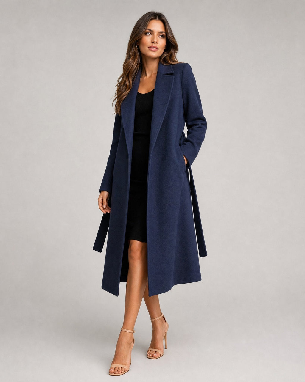 Manteau trench long en mélange de laine pour femme, avec ceinture