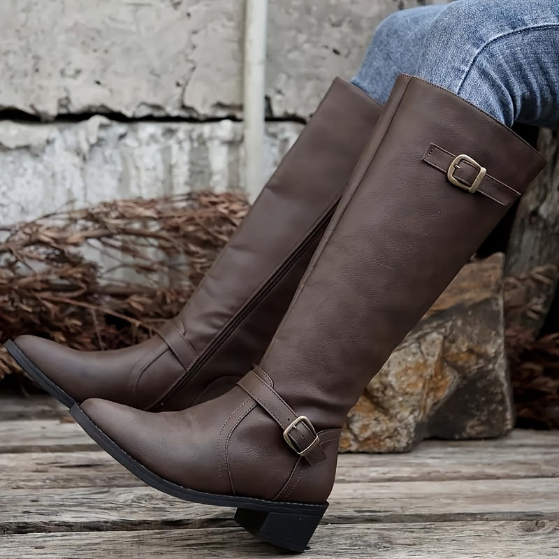 Women's Buckle Strap Knee-High Riding Boots