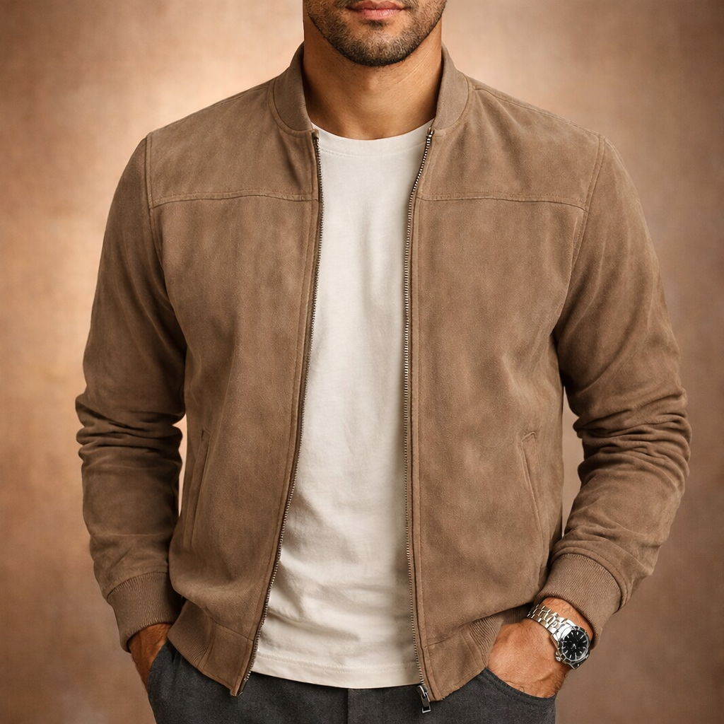 Men's Suede-Effect Ribbed Collar Bomber Jacket