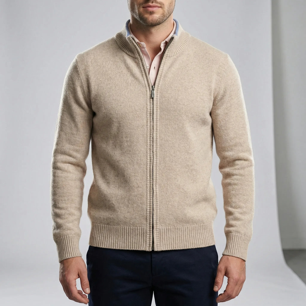 Men's plain knit cardigan with mock neck and full front zipper