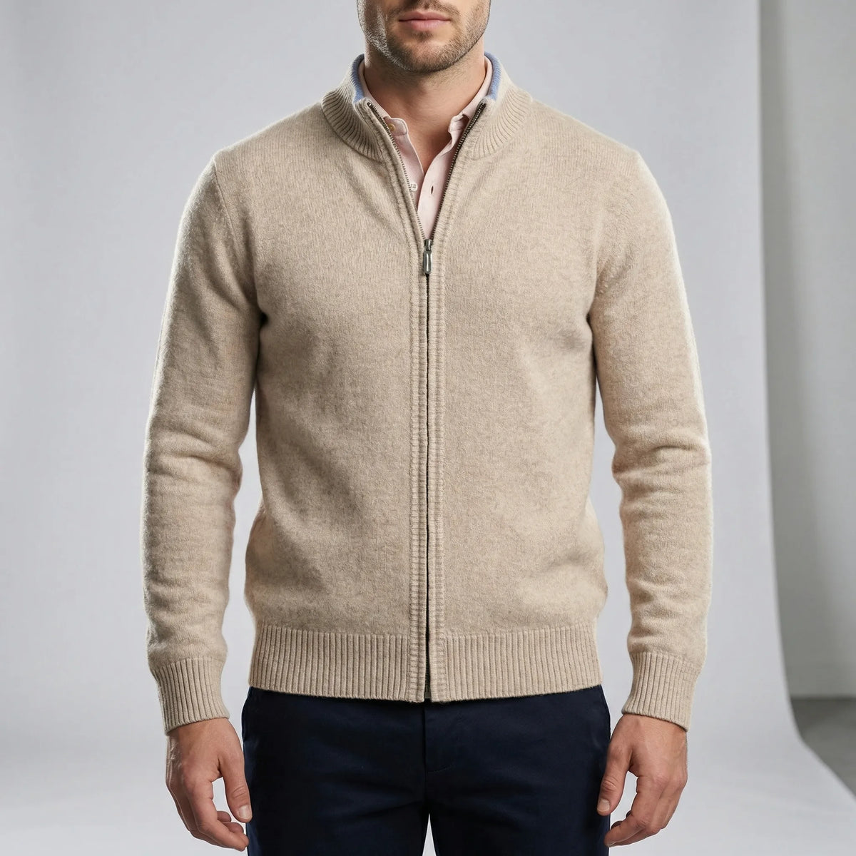 Men's plain knit cardigan with mock neck and full front zipper