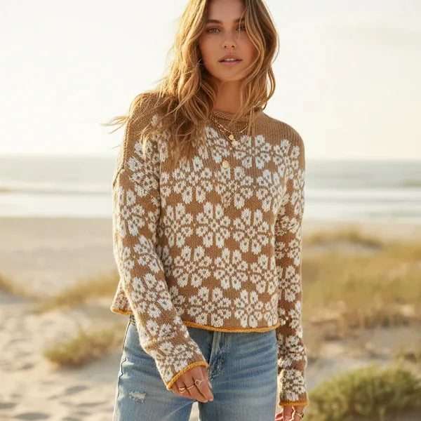 Women's Boho Floral Jacquard Cropped Knit Jumper