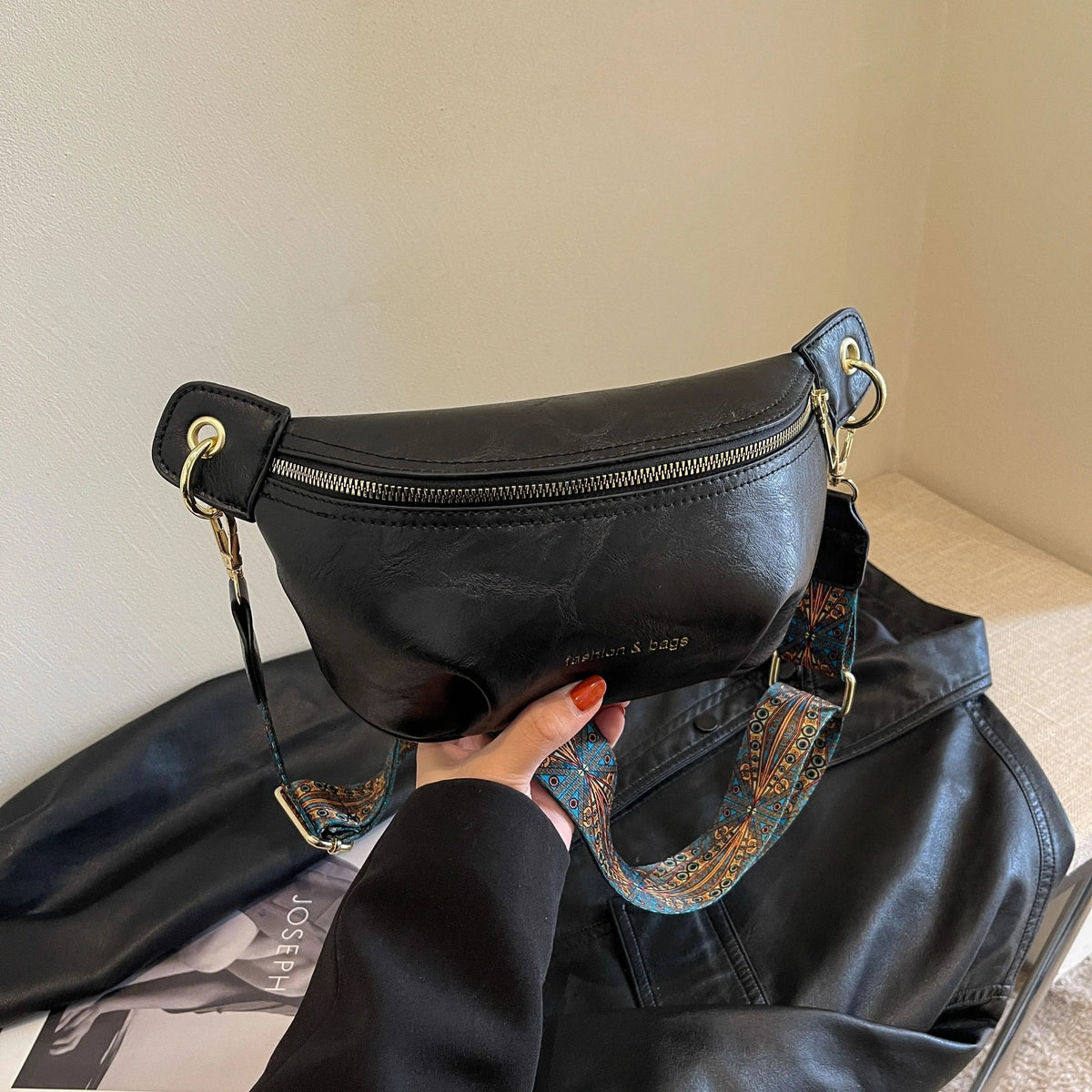 Women's Leather Crossbody Belt Bag with Embroidered Strap