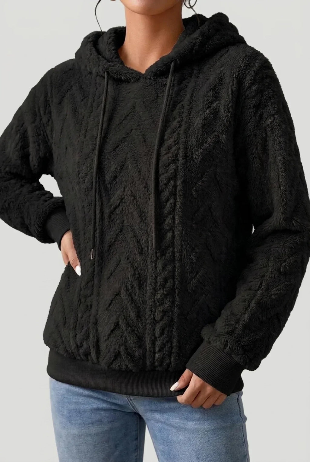 Women's textured hooded hoodie with drawstrings and ribbed cuffs