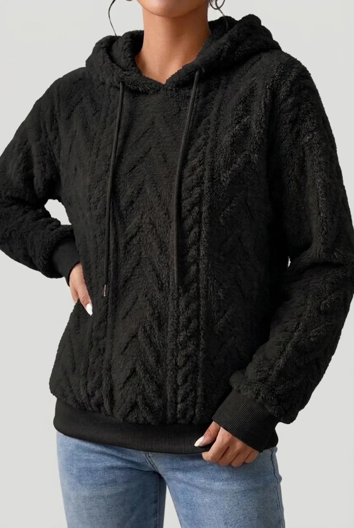 Women's textured hooded hoodie with drawstrings and ribbed cuffs