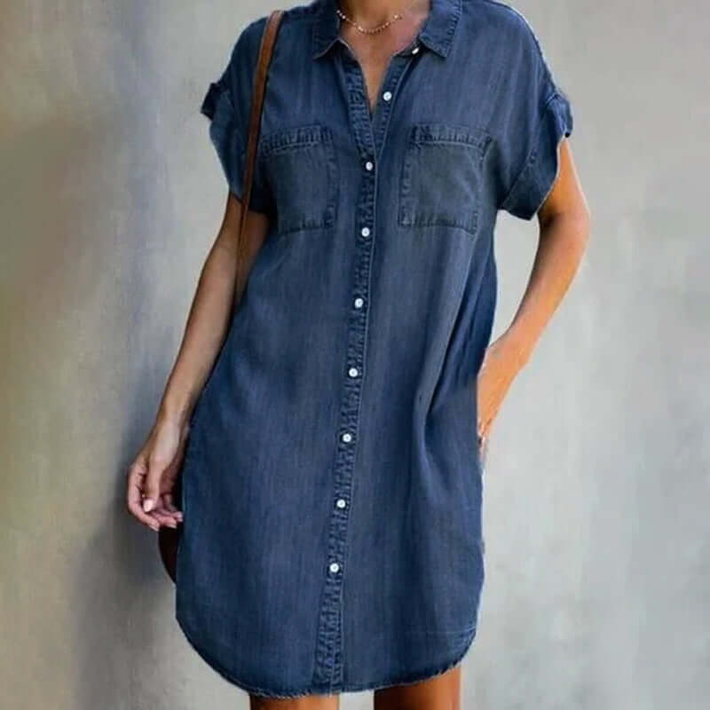 Dual Pocket Button-Front Denim Shirt Dress