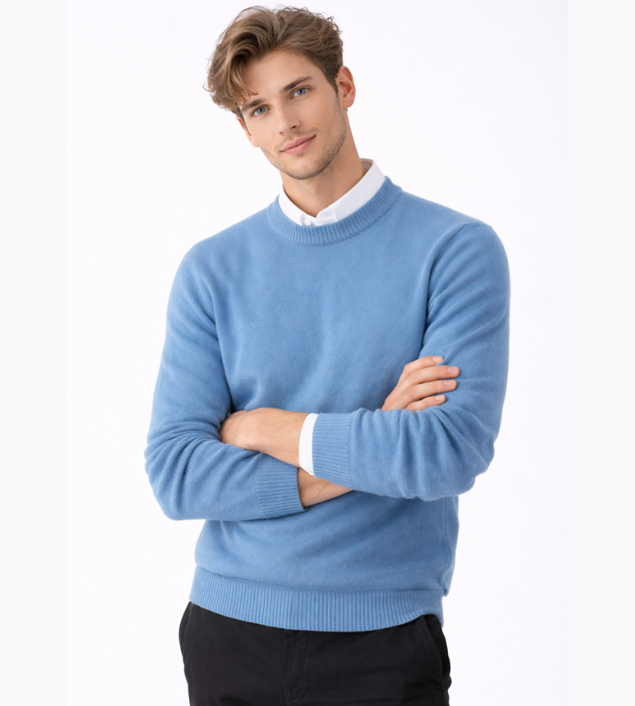 Men's textured knit crew neck sweater shown in light blue and black with long sleeves and ribbed edges