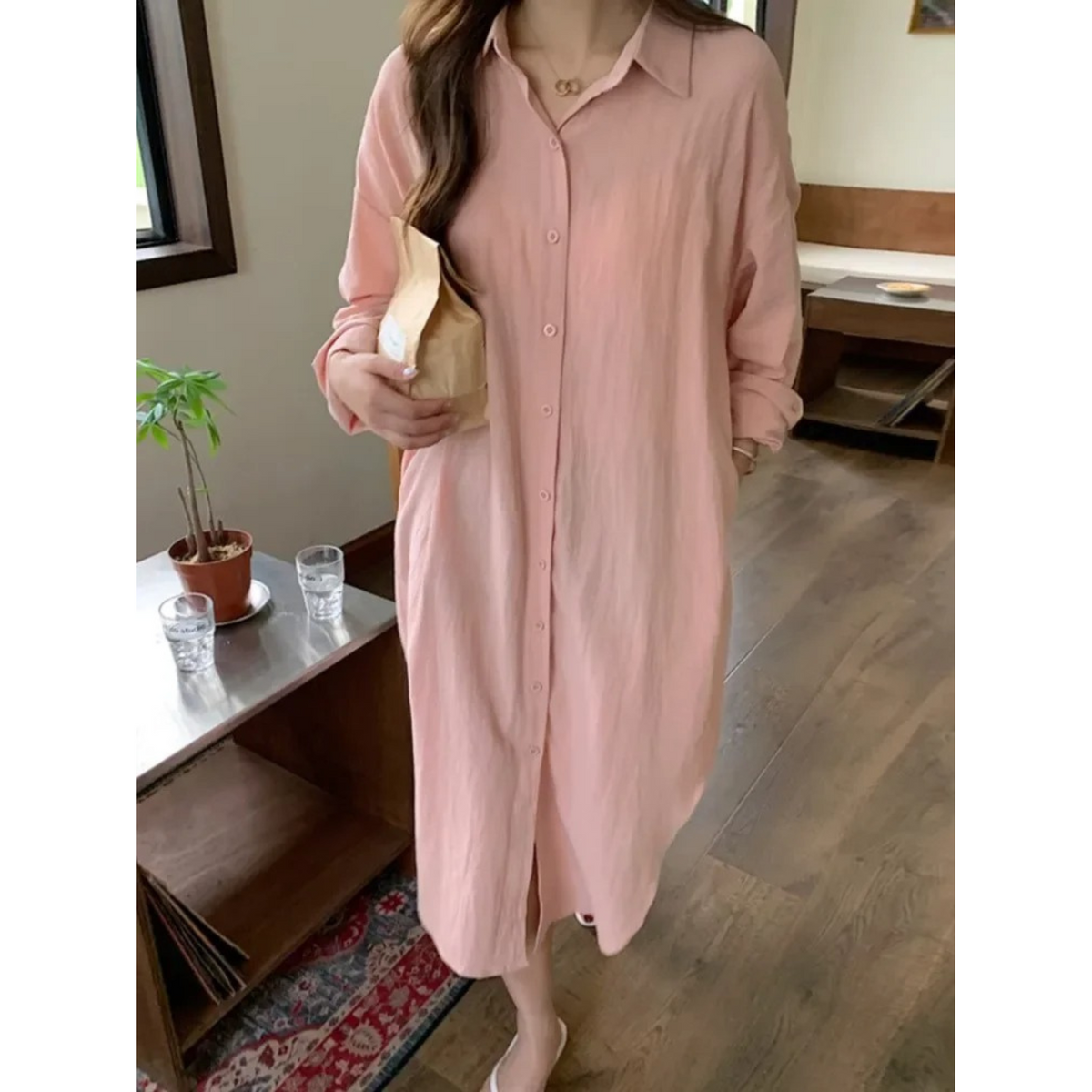 Women's Oversized Linen Button-Up Long Sleeve Shirt Dress
