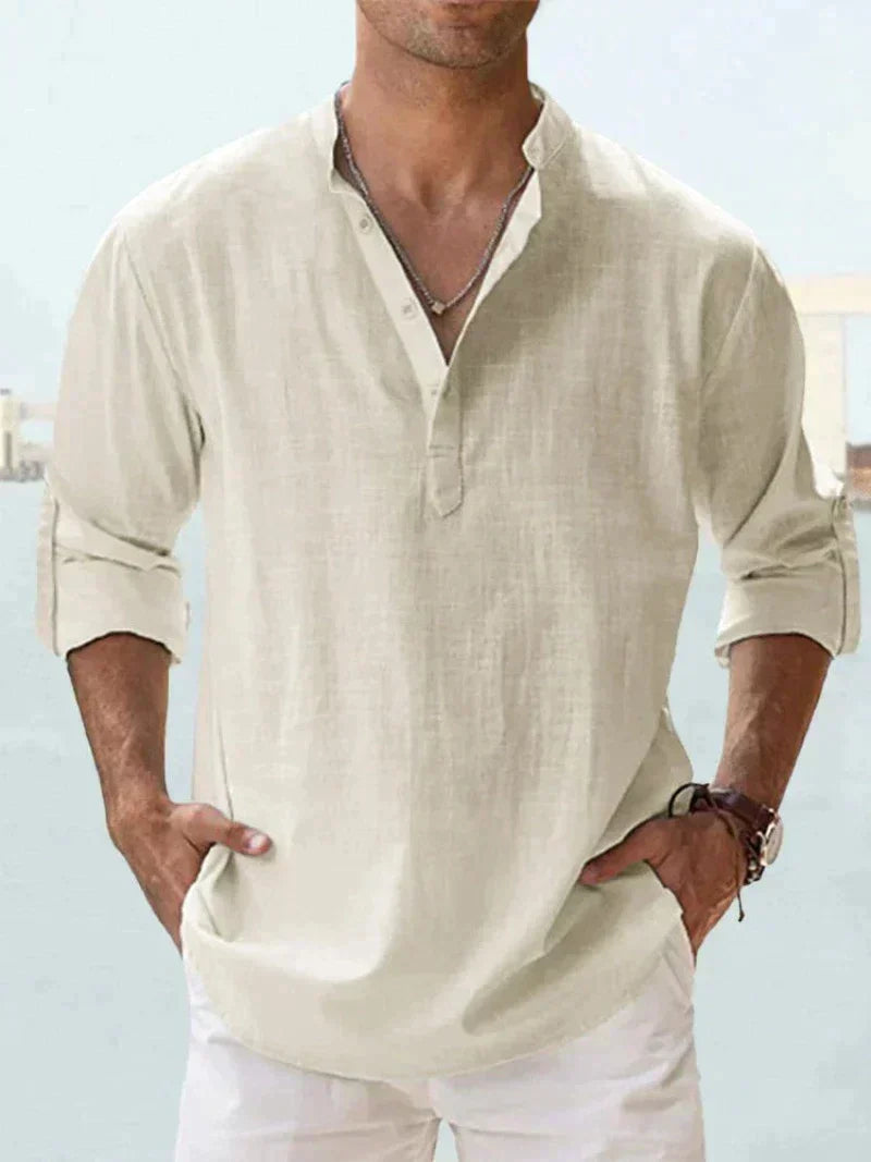 Linen Blend Long Sleeve Popover Shirt with Open Collar