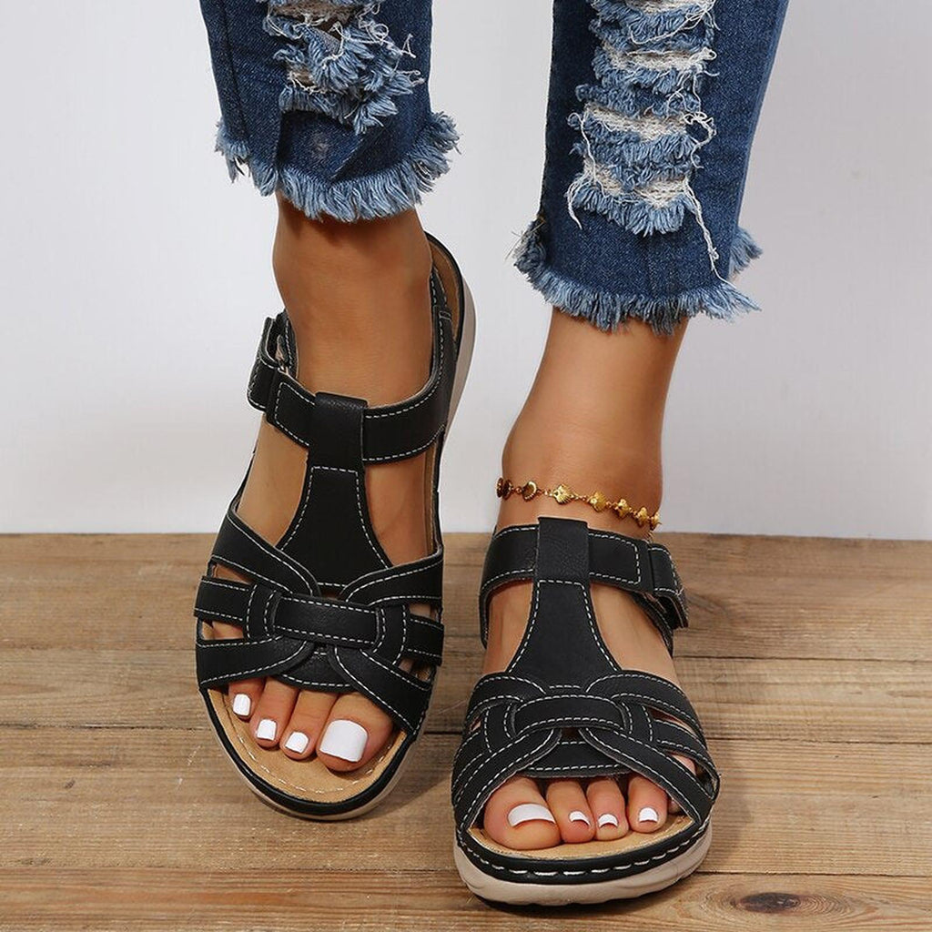 Braided Strap T-Bar Comfort Wedge Sandals