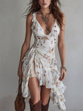 Floral Ruched Asymmetric Ruffle Hem Midi Dress