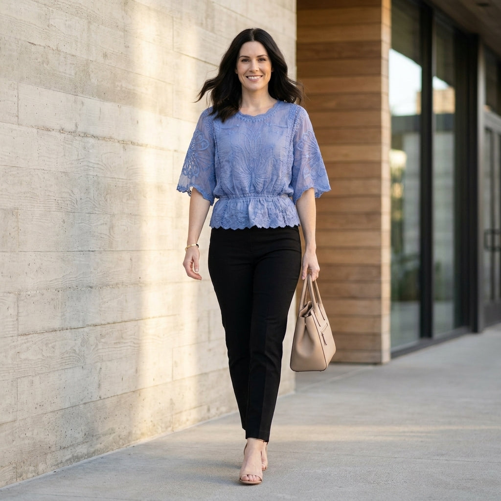 Embroidered Lace Peplum Top with Scalloped Hem