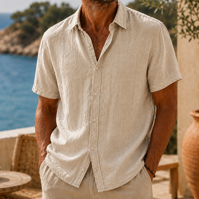 Short Sleeve Cotton Linen Shirt with Classic Collar