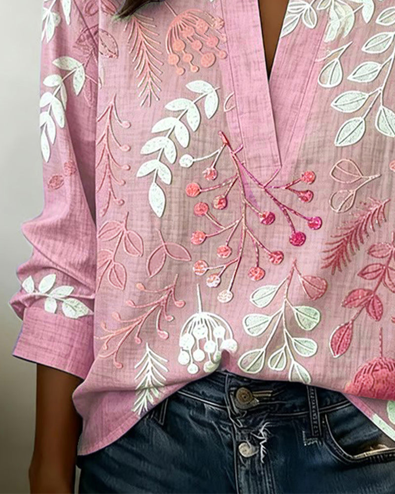 Botanical Print Notched Collar Long Sleeve Blouse